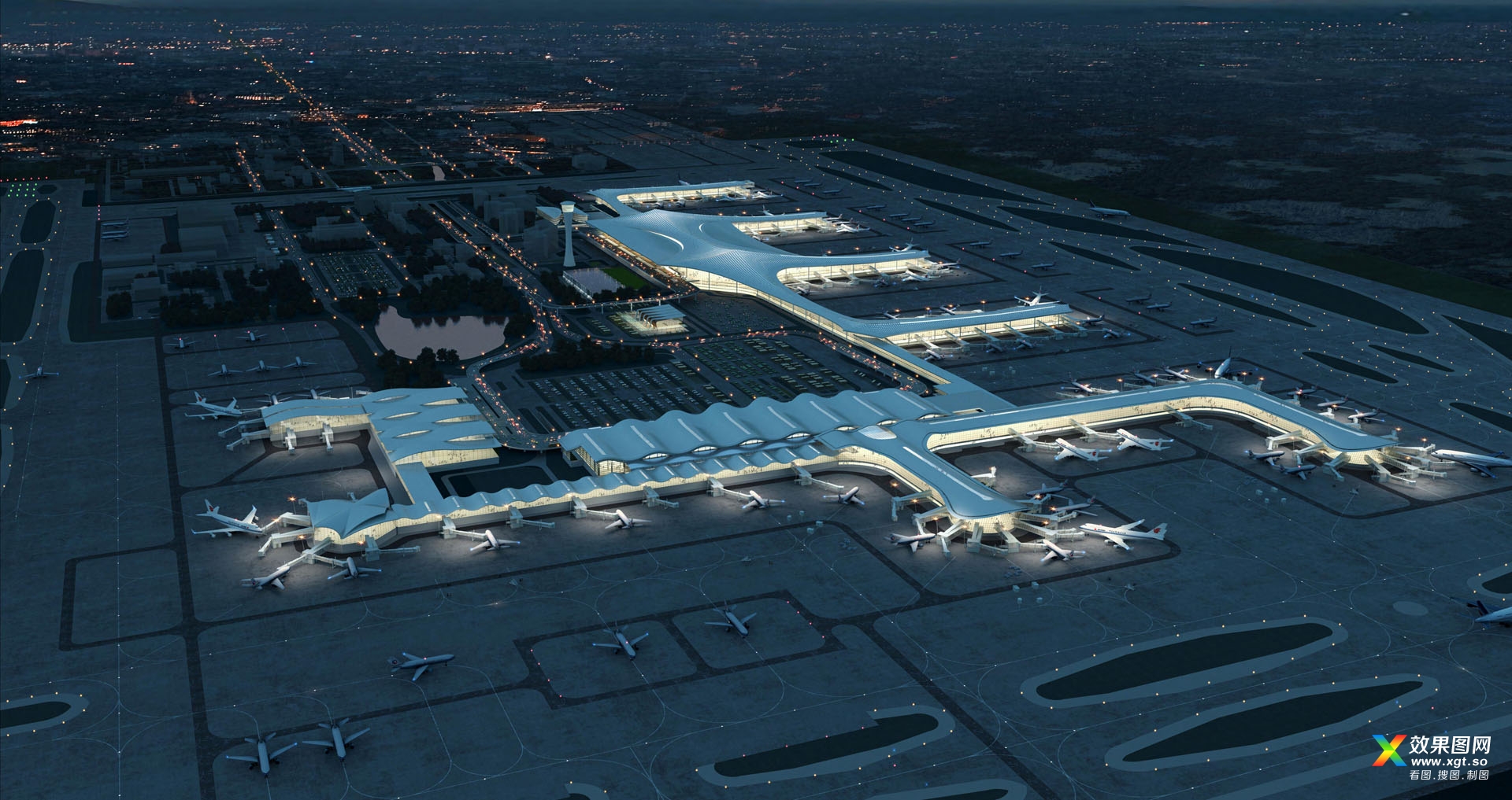 杭州萧山国际机场新建航站楼方案设计(空侧夜景鸟瞰图.